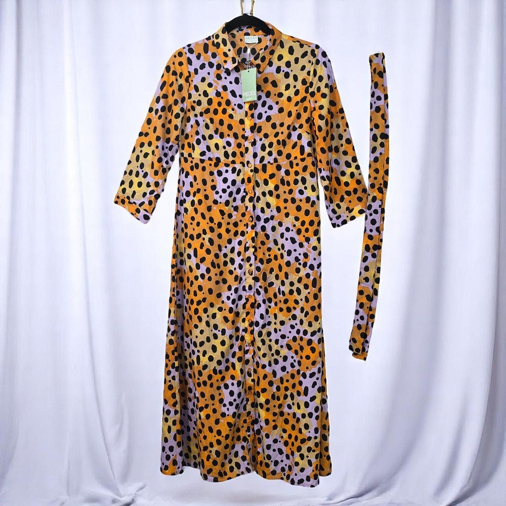 Pieces‎ Maternity Midi Shirt Dress Animal Print 3/4 Sleeve Woman XS Button Front